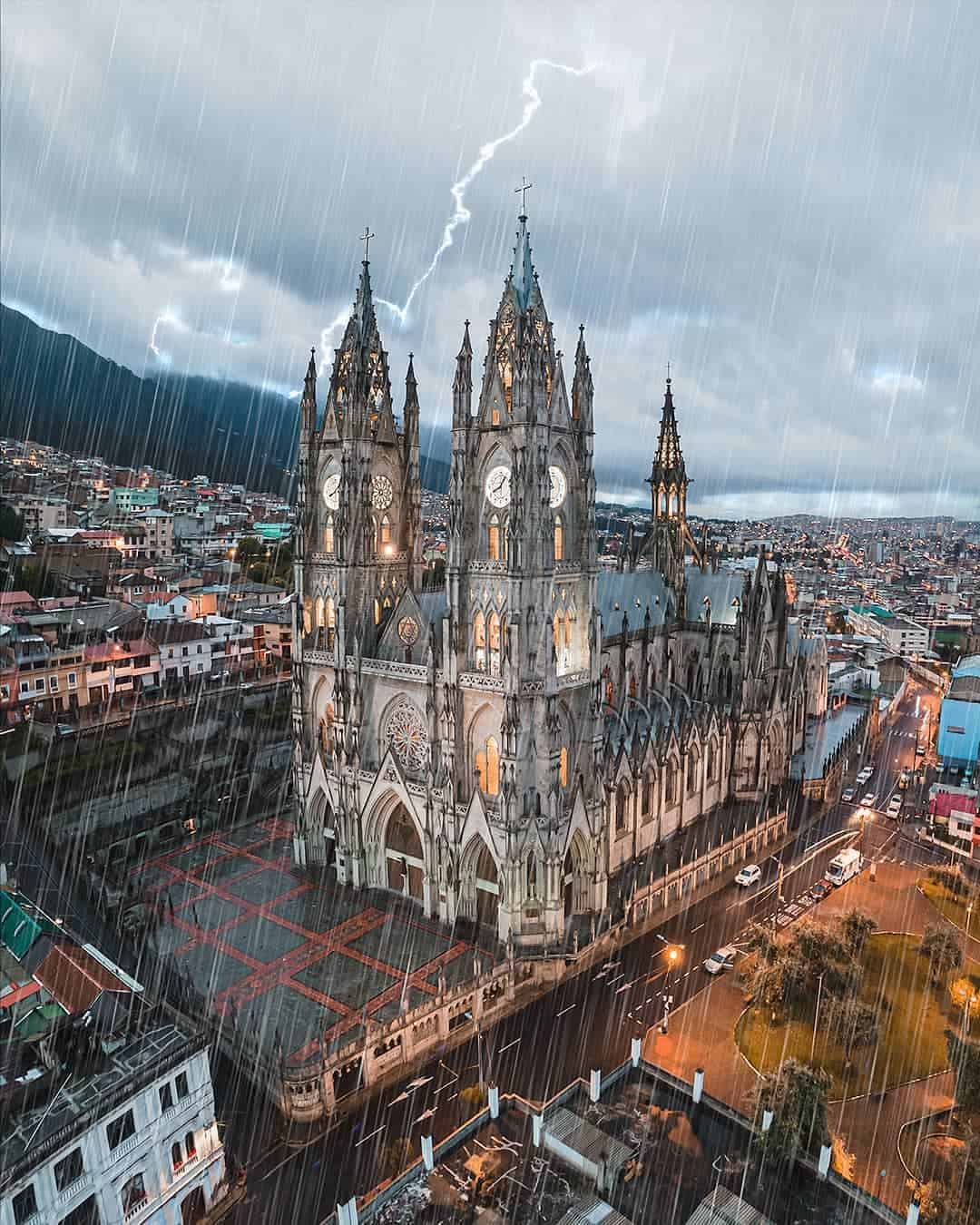 A unique architecture design and panoramic view of catholic church at Basílica del Voto Nacional in Quito